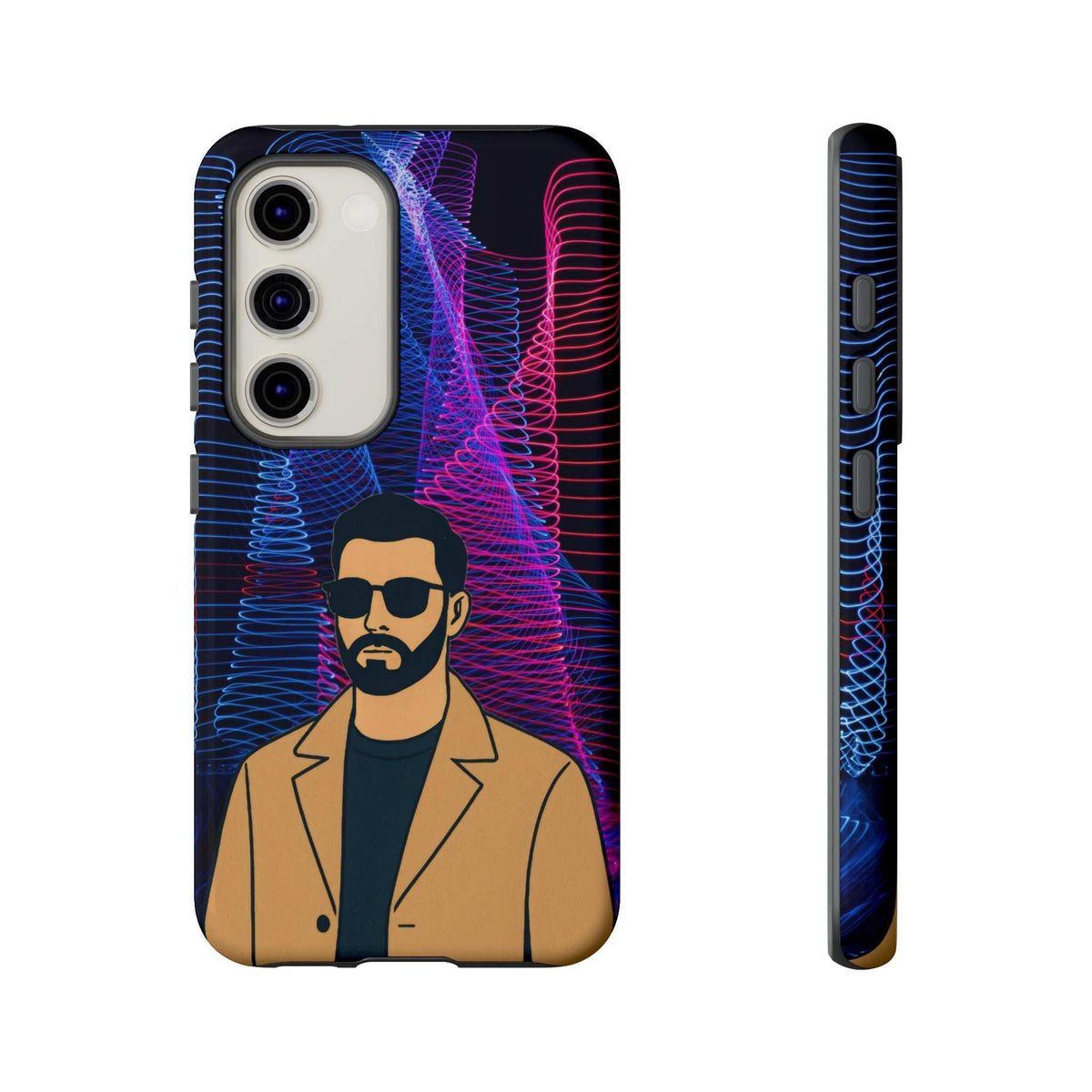 Glossy phone case with bearded man graphic, neon blue/pink line art, and triple camera cutouts.