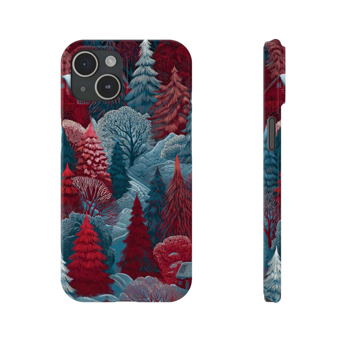 Phone case back showing snowy forest illustration in red and blue; camera cutouts