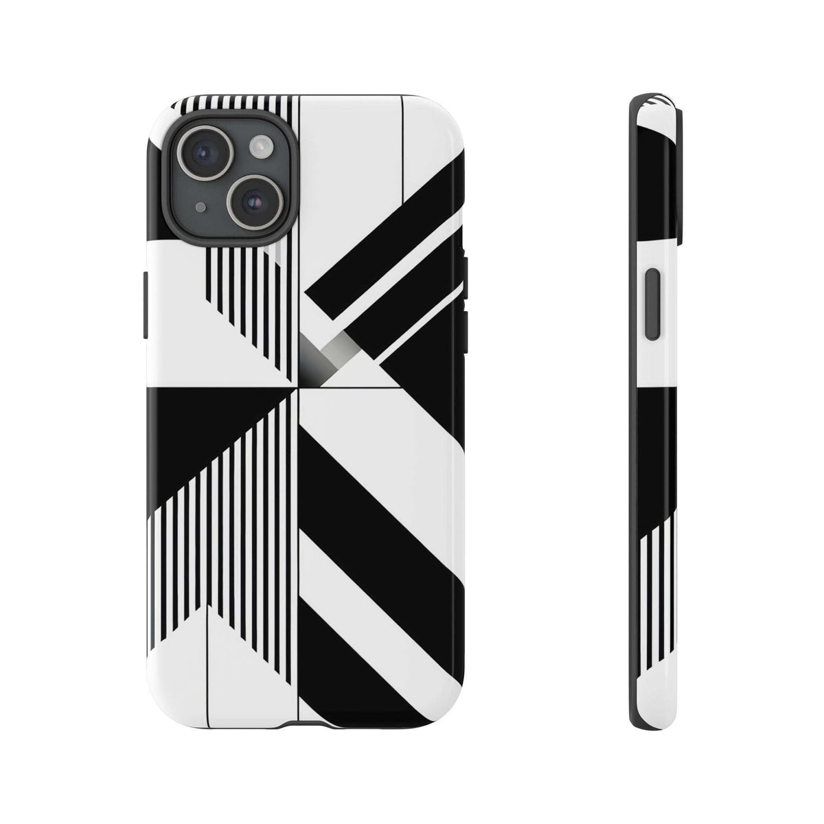 Tough phone case with black-and-white geometric pattern, side profile and camera cutouts