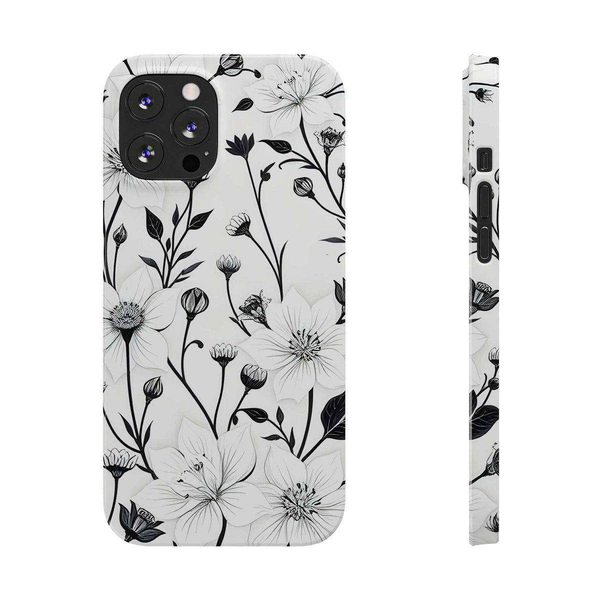 Monochrome floral phone case, white with black botanical stems and blossoms; side view