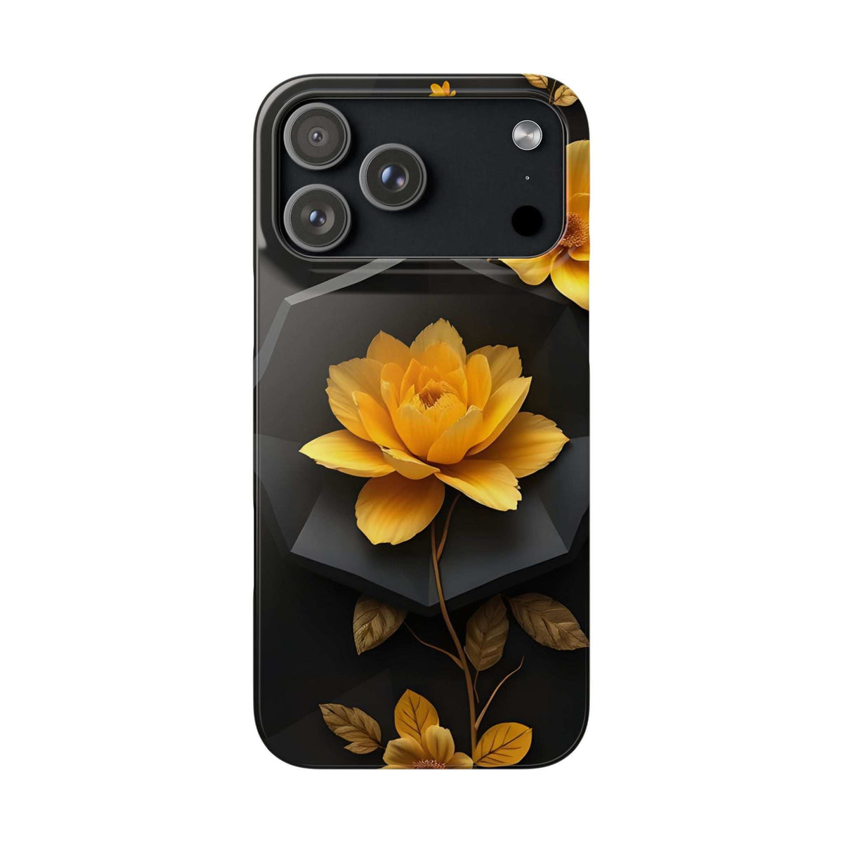 Black phone case with yellow floral design and leaves, camera lenses and cutouts