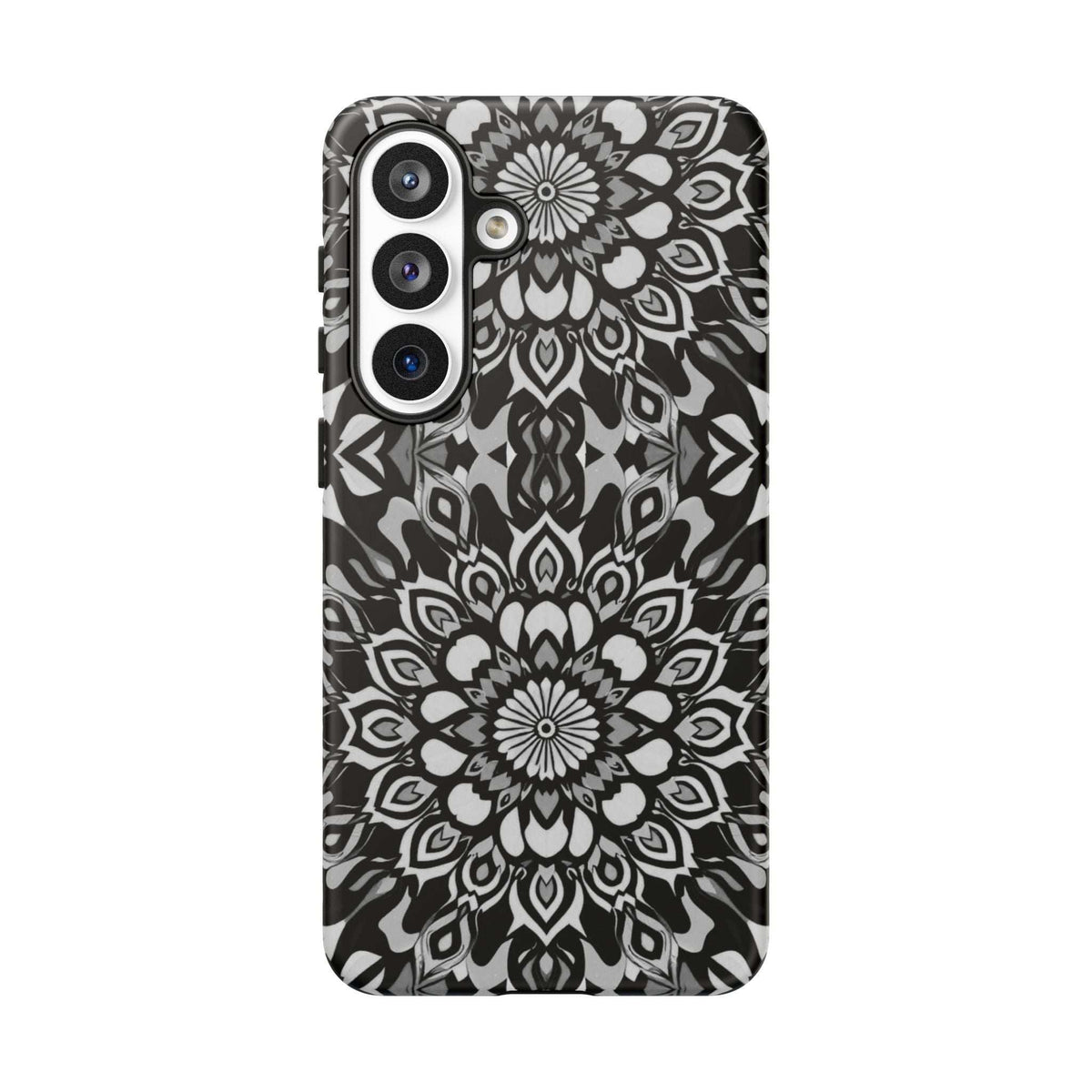 Phone case with black-and-white mandala print, multi-camera cutouts and flash