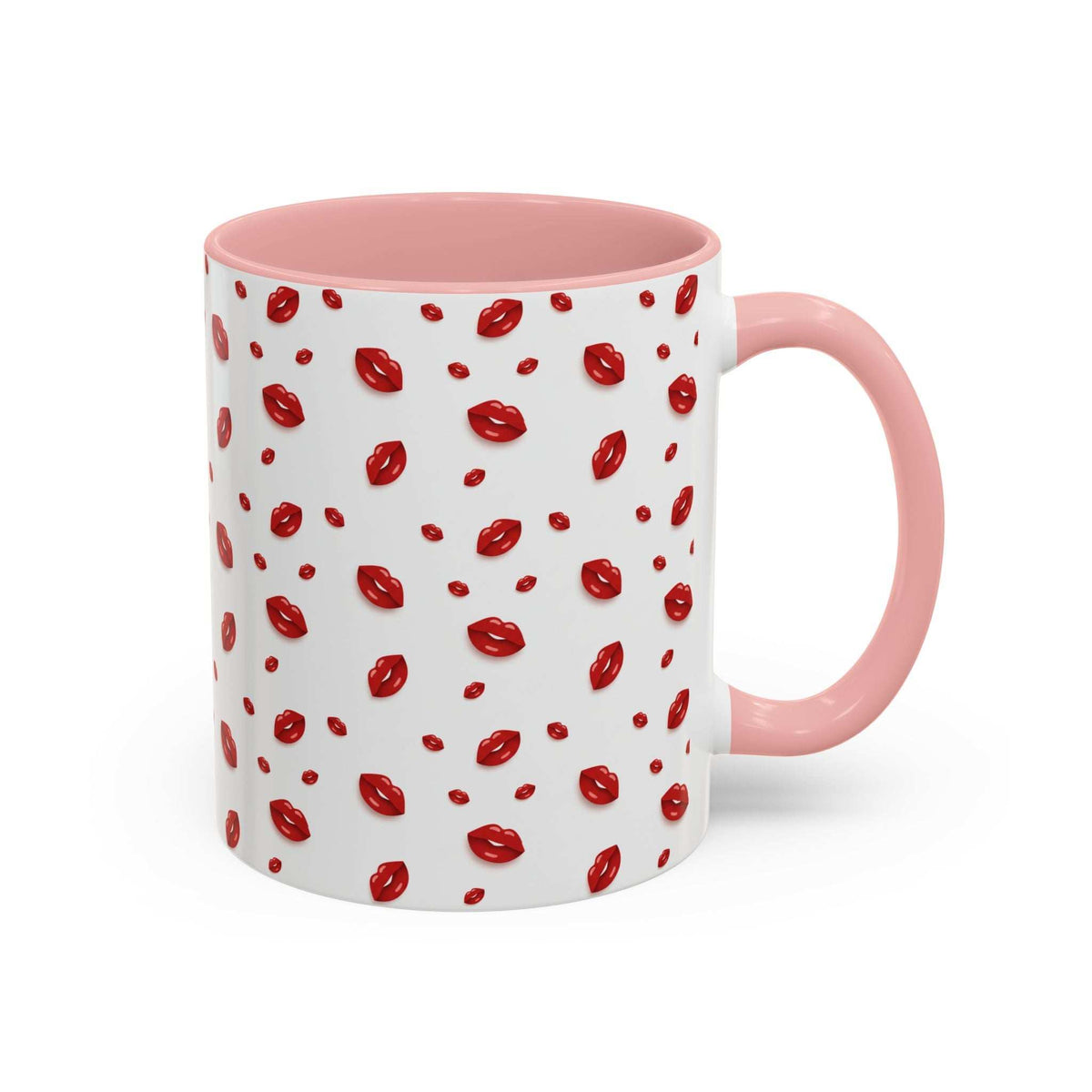 Accent coffee mug with hot lips pattern, pink rim and handle, white body