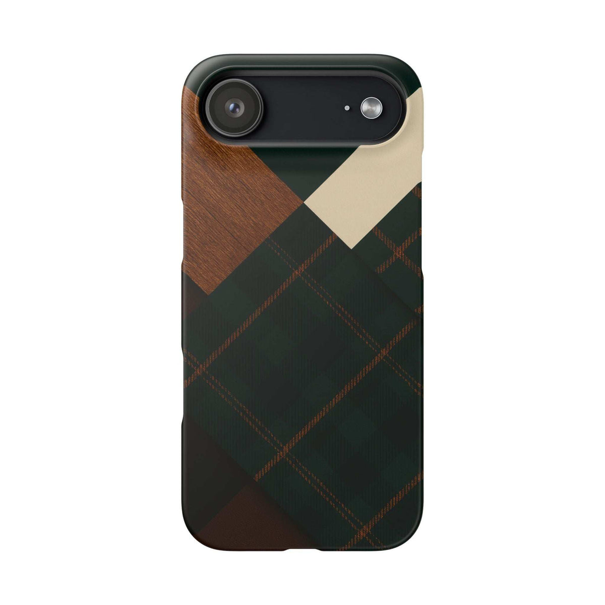 Green plaid phone case with tan chevron and brown wood diagonal, single camera bar