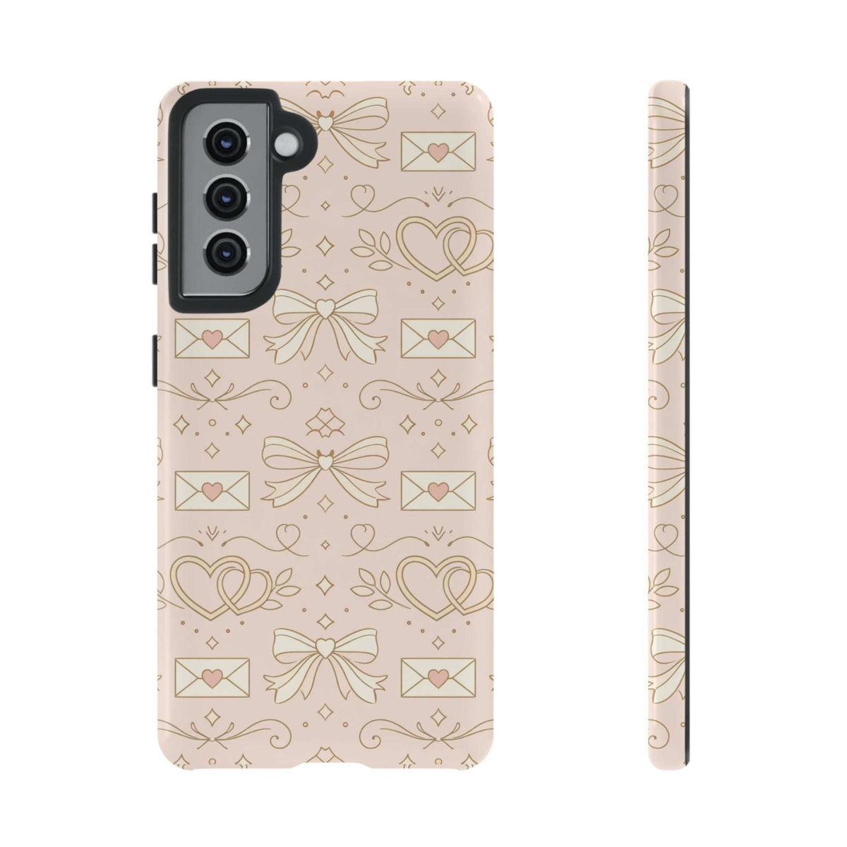Pink tough phone case with gold hearts and bows, view showing camera lens openings