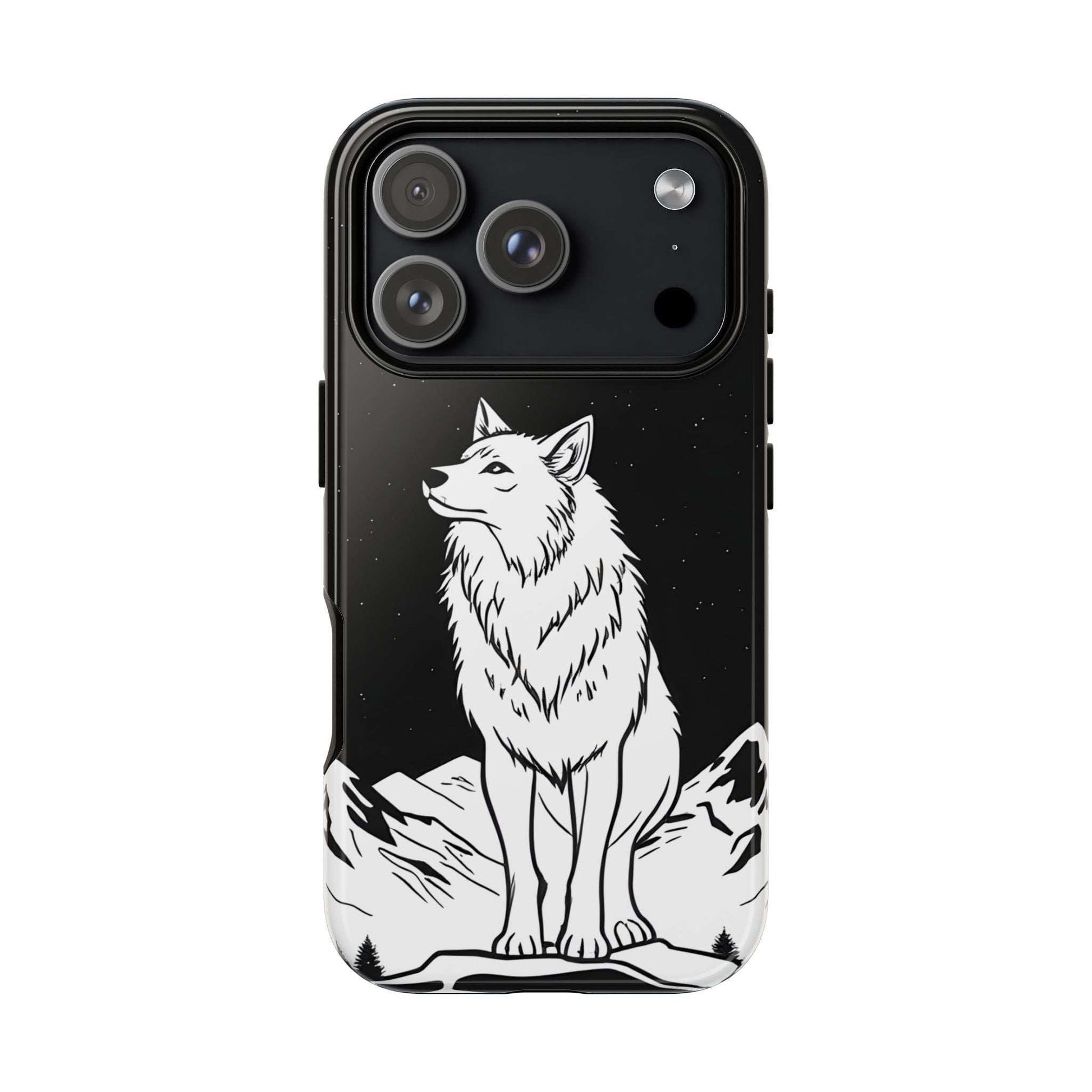 Black phone case with wolf illustration and three-lens camera cluster cutouts