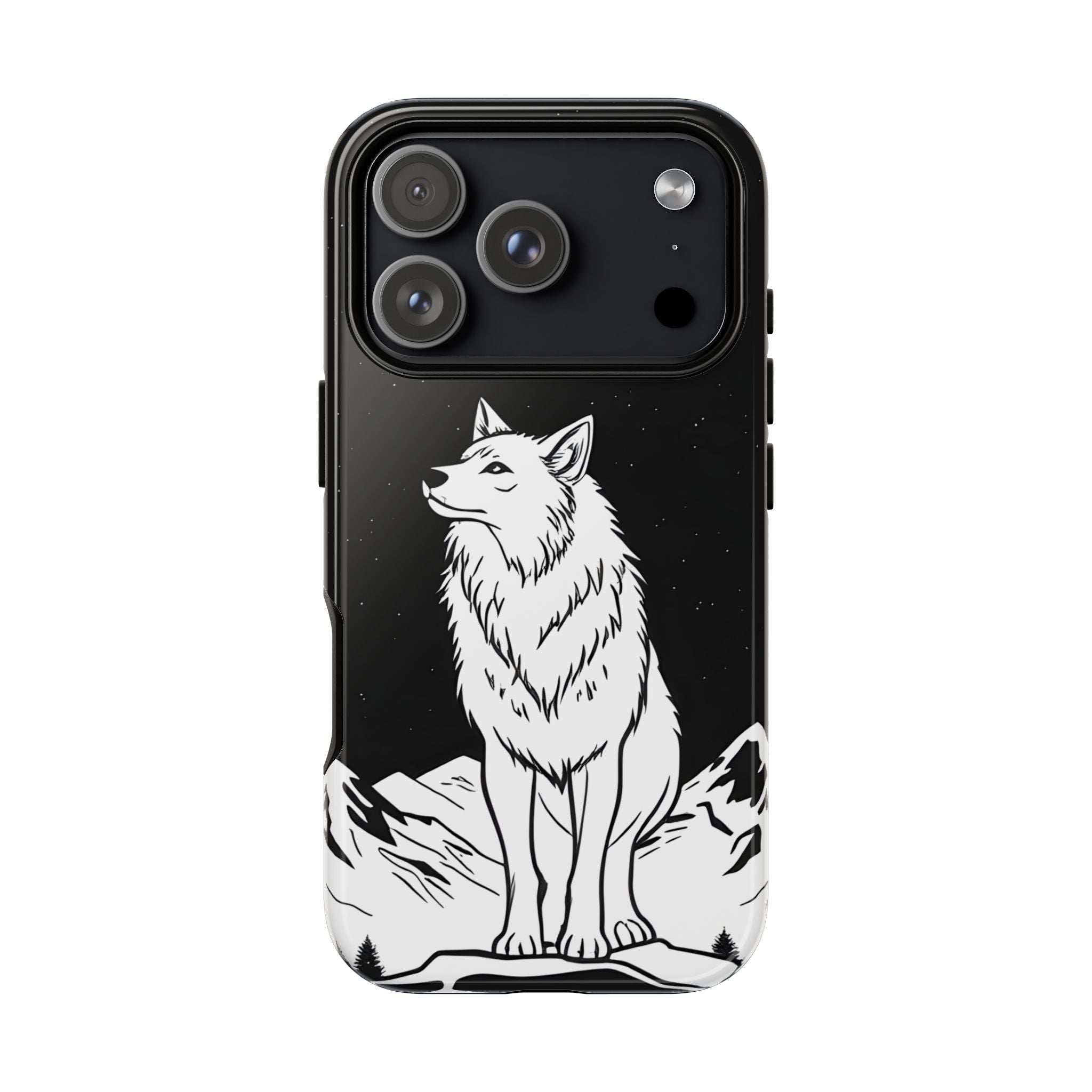 Black phone case with wolf illustration and three-lens camera cluster cutouts