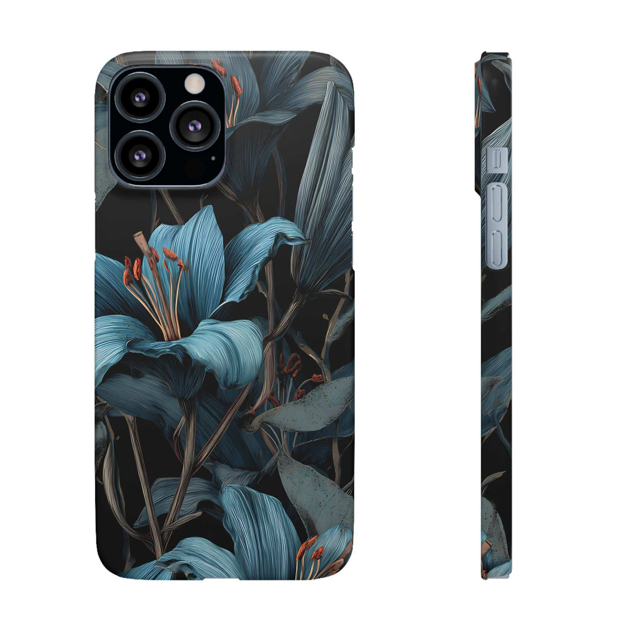 Floral phone case with dark blue teal botanical pattern and raised camera cutouts