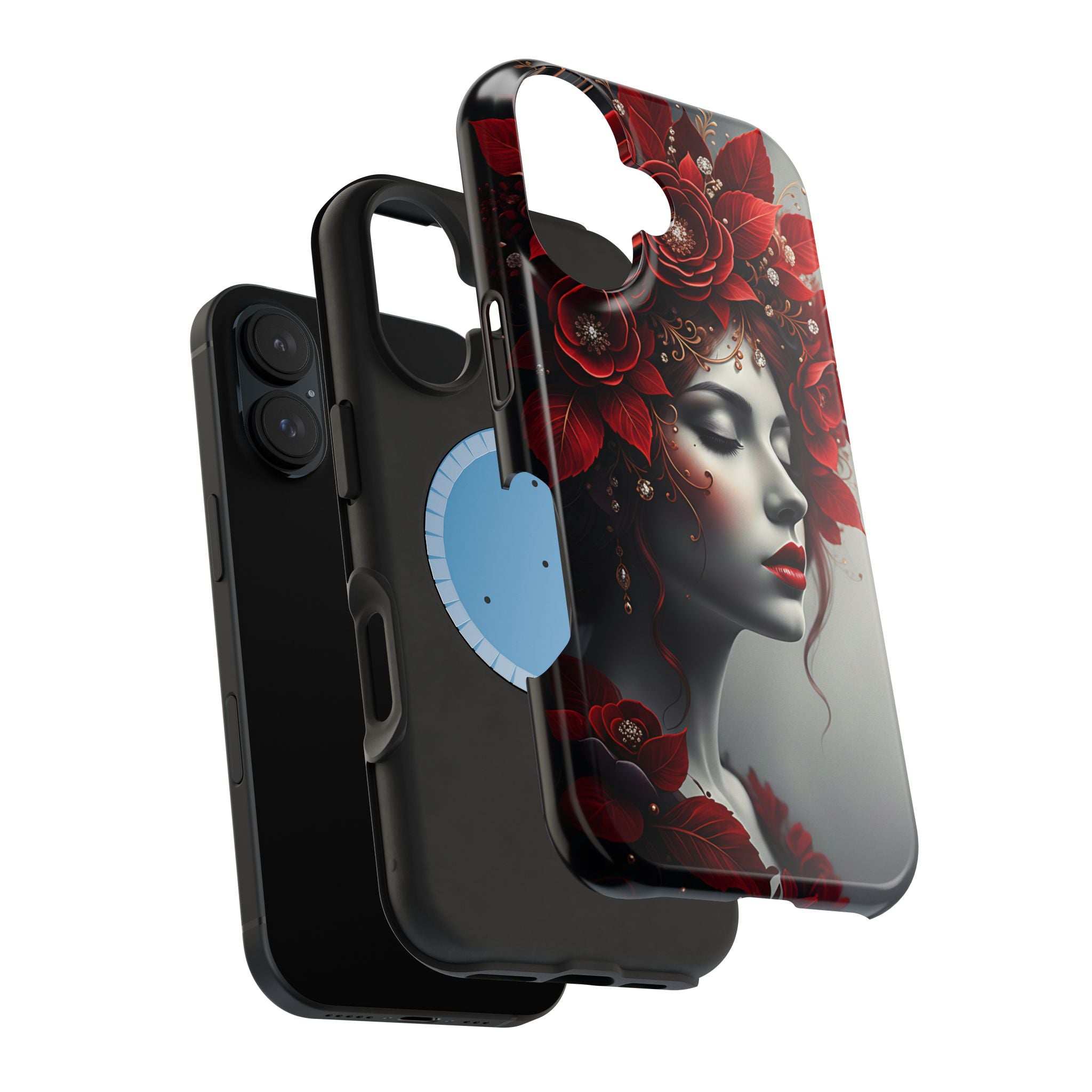 Floral portrait phone case with woman face in red roses, camera cutouts visible.