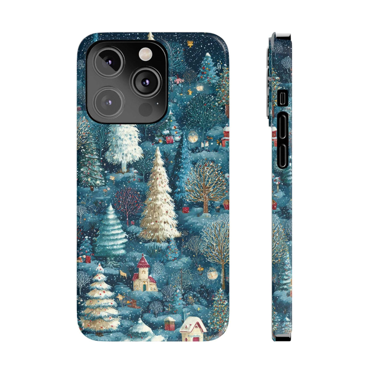 Frosty forest phone case with teal snowy forest artwork and black camera panel; side buttons visible