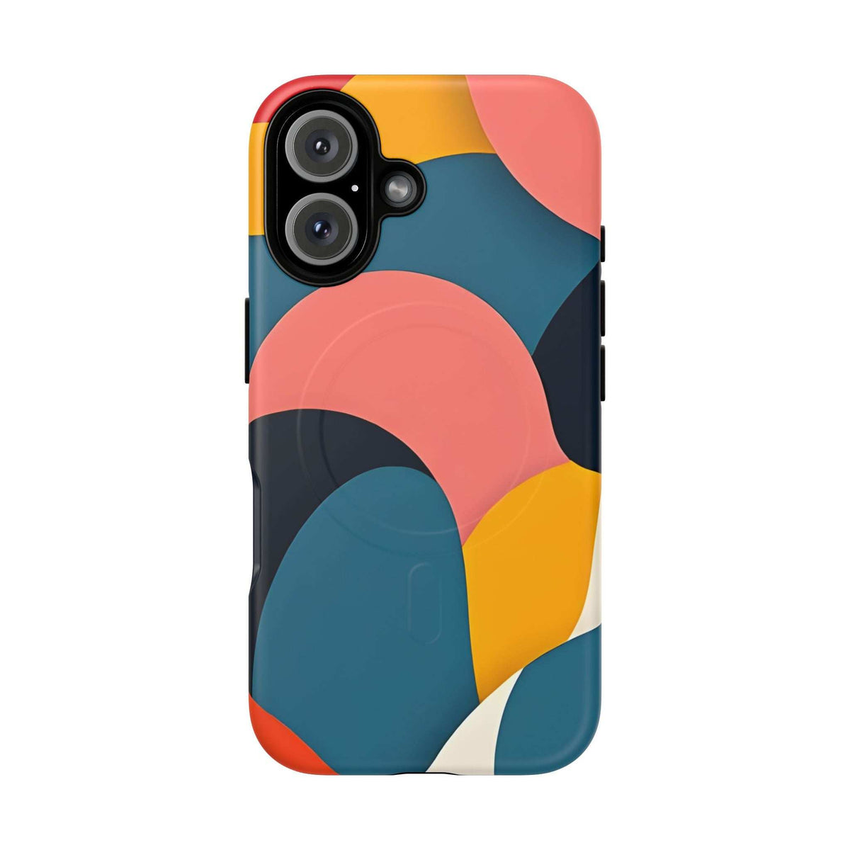 Colorful abstract phone case with coral and blue layered curves; triple-camera cutout