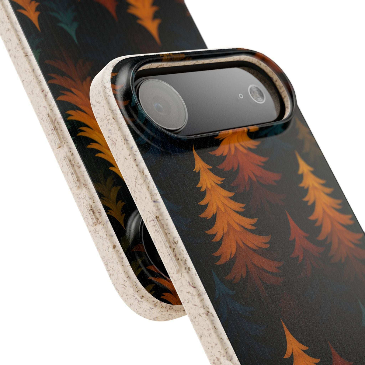 Dark phone case with orange leaf pattern and camera cutout