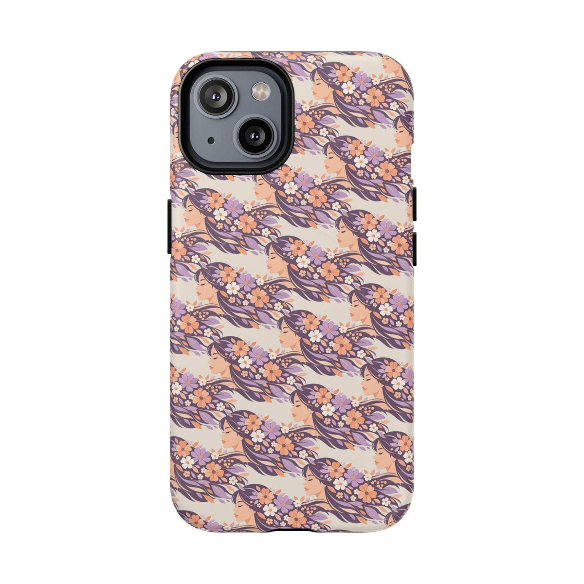 Floral phone case with cherry blossom pattern, rear camera cutout and flash opening