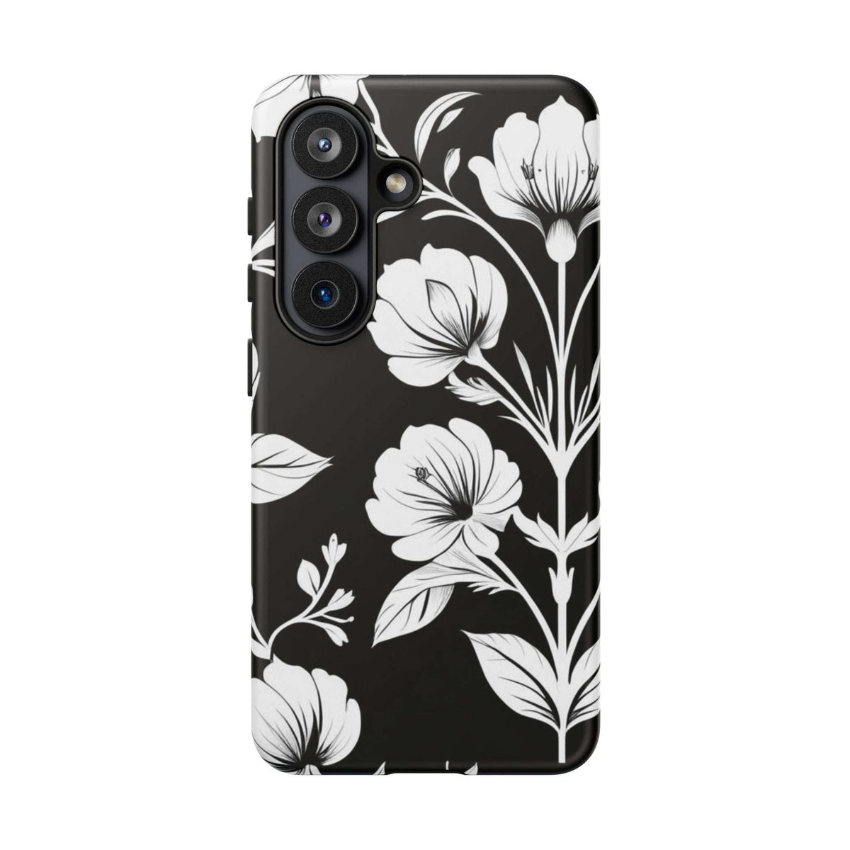 Phone case with black-and-white floral design and protective cutouts for cameras