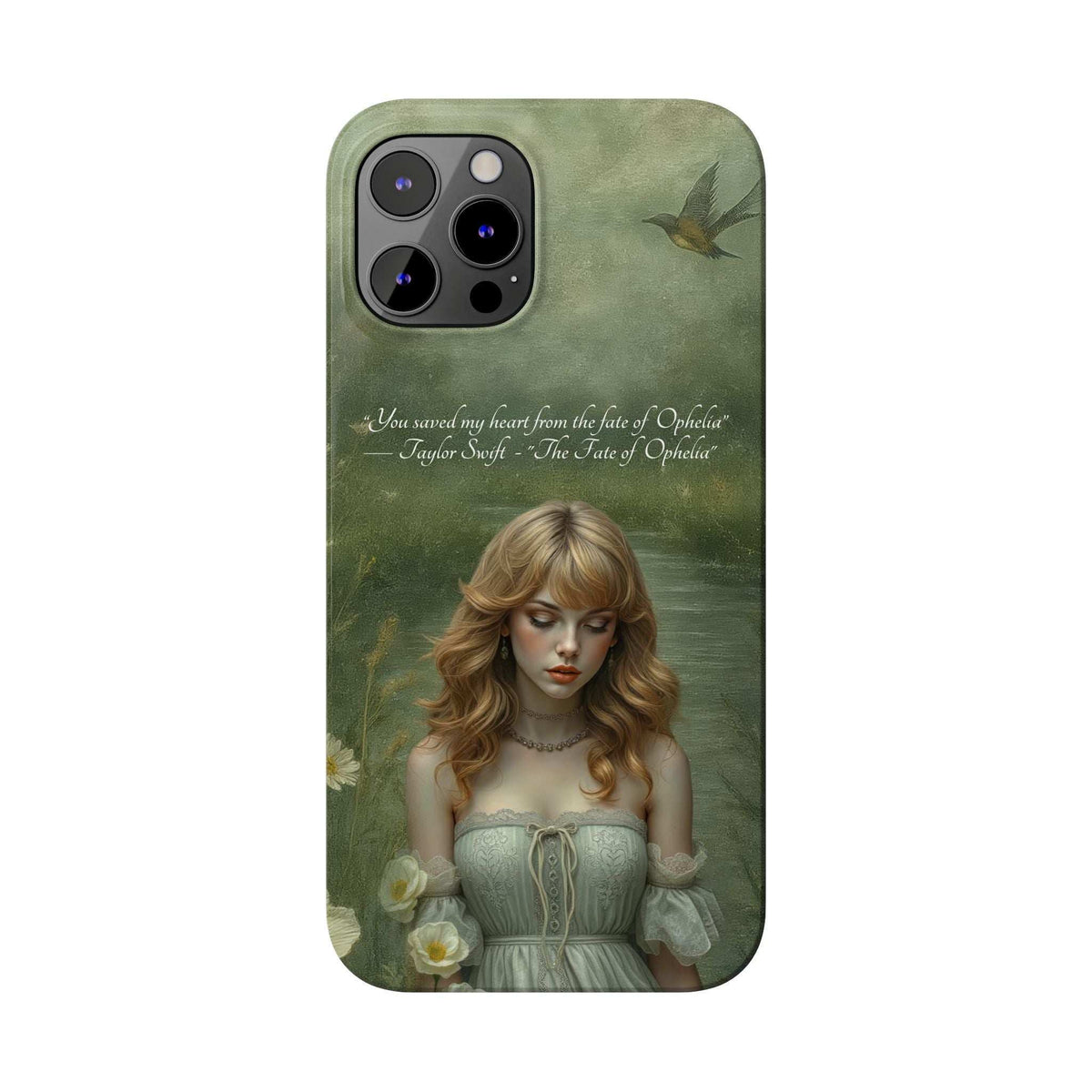 Green fantasy phone case with blonde portrait, flowers, and bird over matte finish