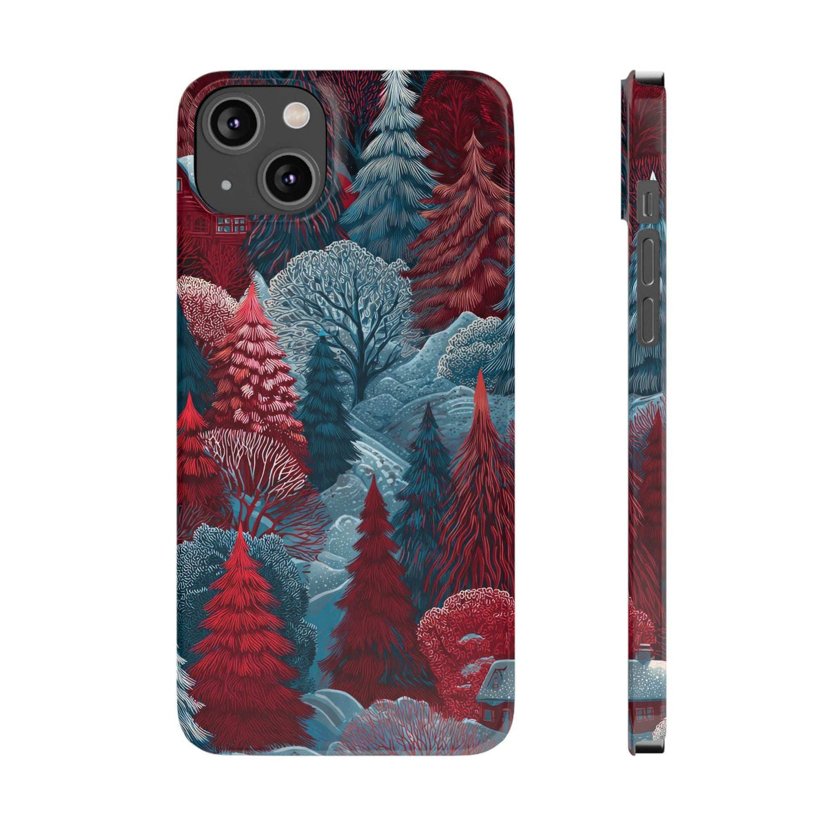 Phone case with teal pathway forest artwork and red pines; camera lenses on back