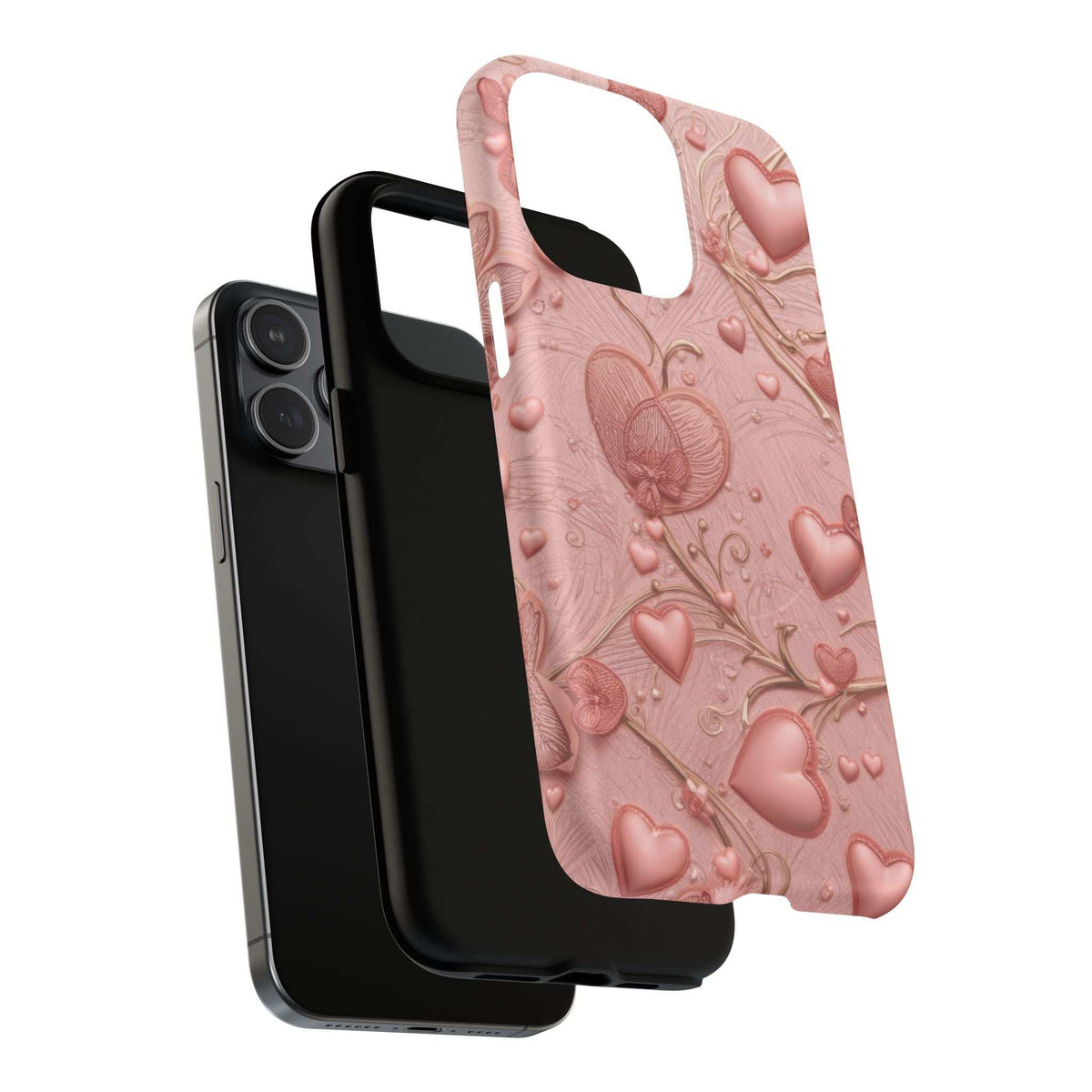Pink embossed heart and rose-like vine phone case with camera cutout and flash opening