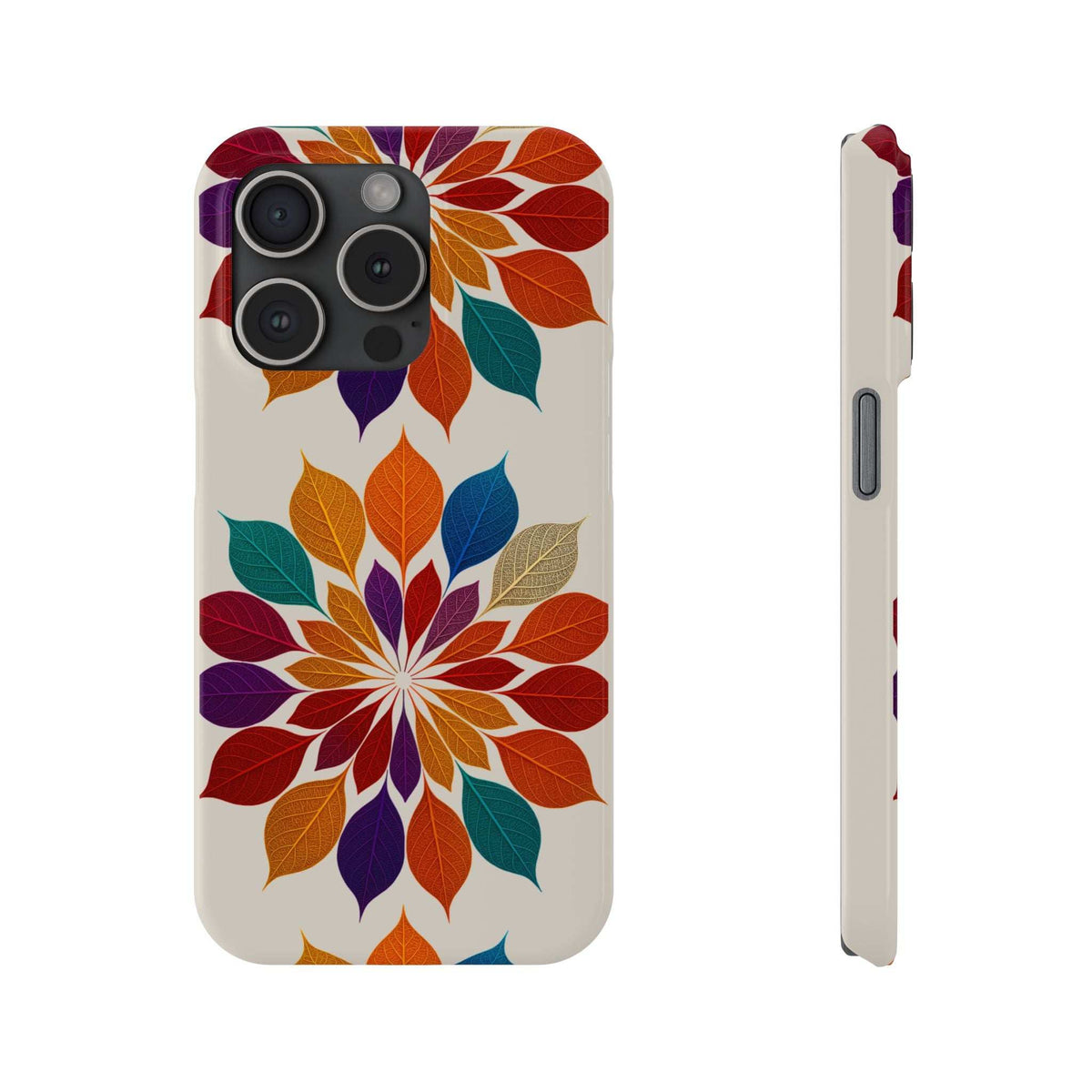 Leaf mandala phone case showing multicolor leaf flower artwork and side cutout for ports