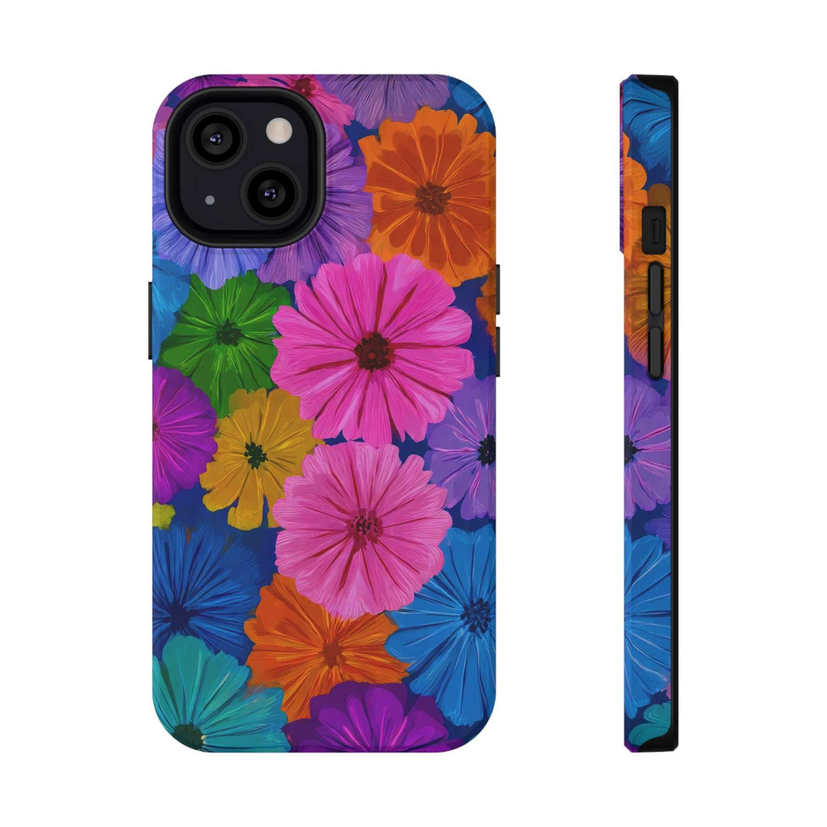 Floral phone case with multicolor flowers, plus side view showing button openings