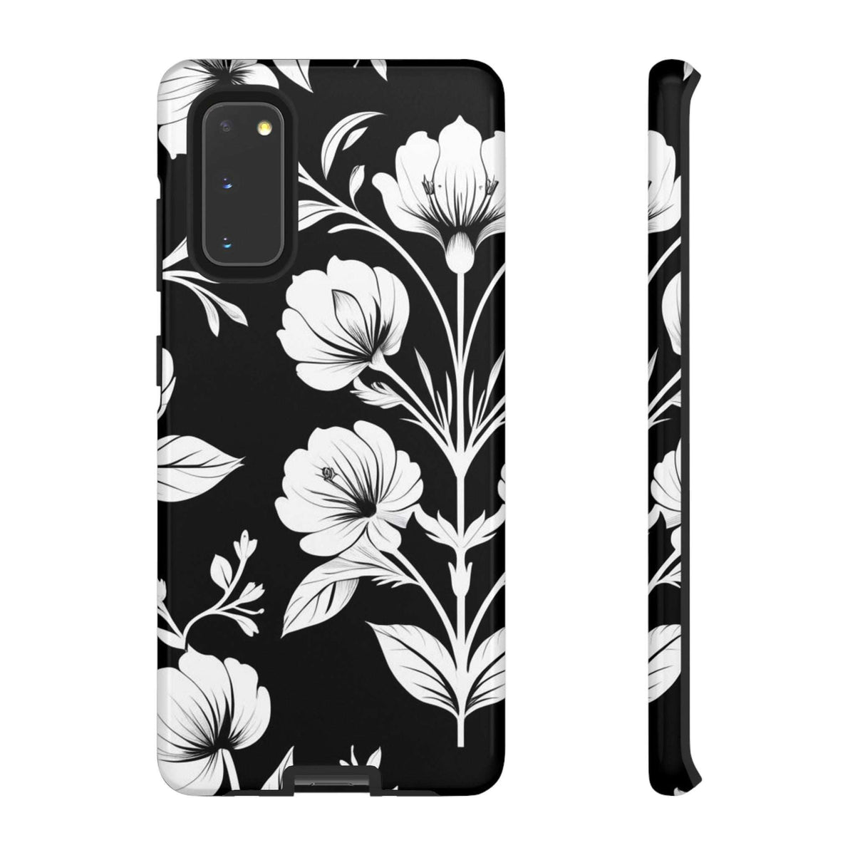 Floral phone case for Galaxy S20–S26 with white floral print, front and side profile