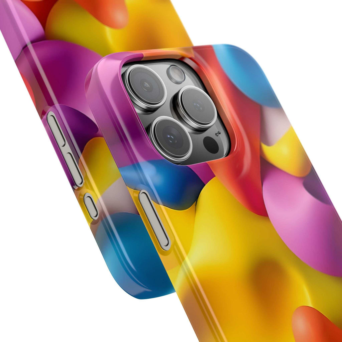 Abstract multicolor phone case for iPhone 11-17 angled view with camera lenses and side cutouts