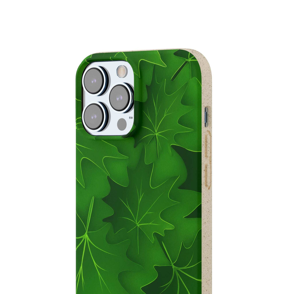 Green leaf phone case close-up with four-camera window and side opening
