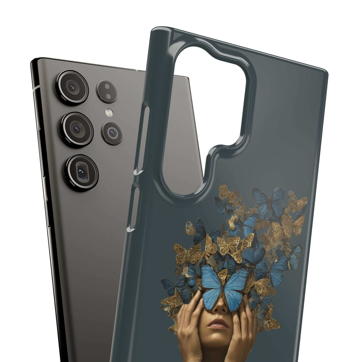 Dark gray phone case next to a light phone, featuring gold-and-blue butterfly artwork
