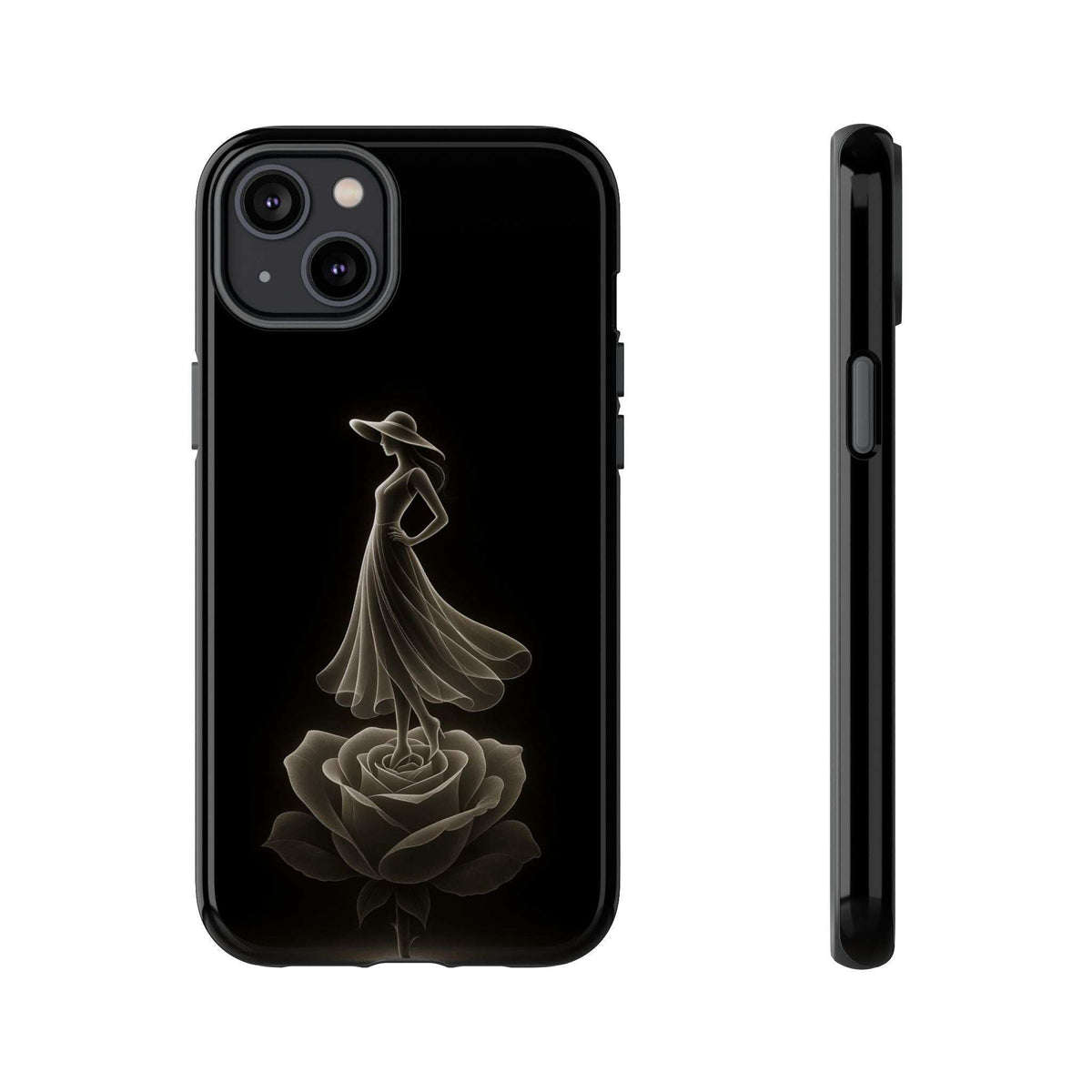 Black glossy phone case with gold ballerina and rose motif; camera module raised