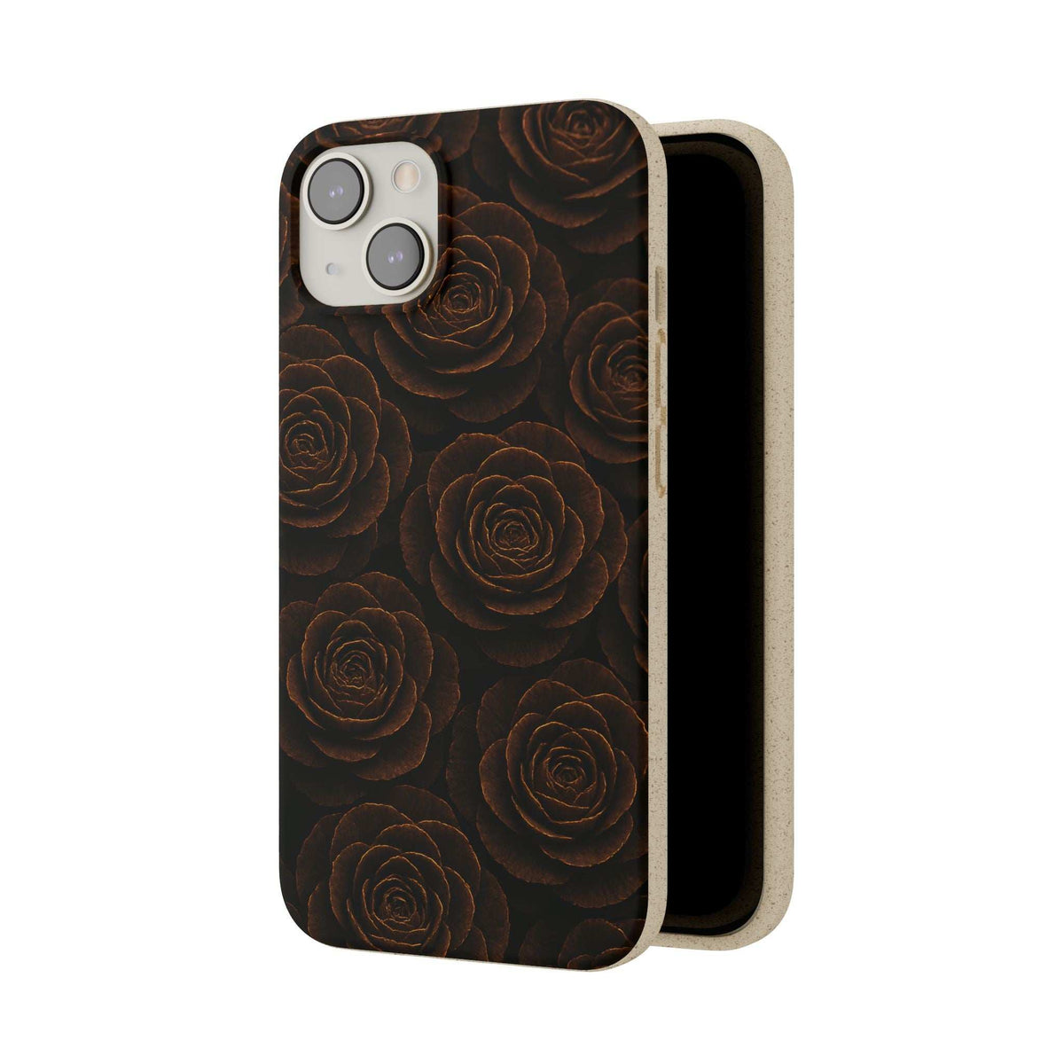 Phone case with dark rose pattern and light wood backing
