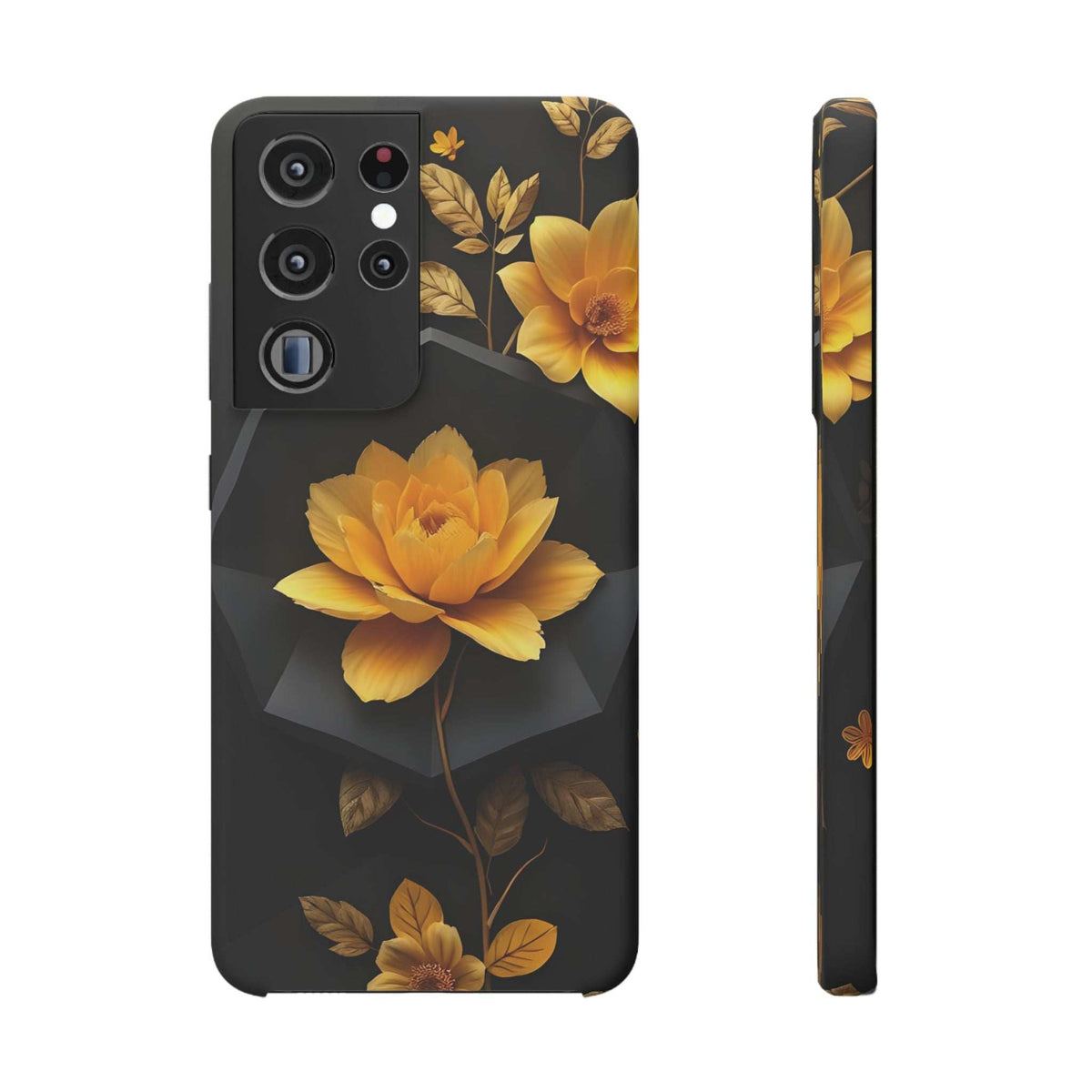Black floral phone case with yellow flower center, camera cutouts and side view
