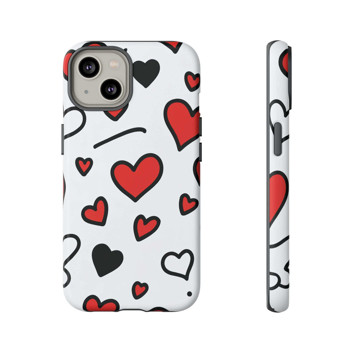 Phone case featuring scattered red and black hearts on white, angled view with camera module openings