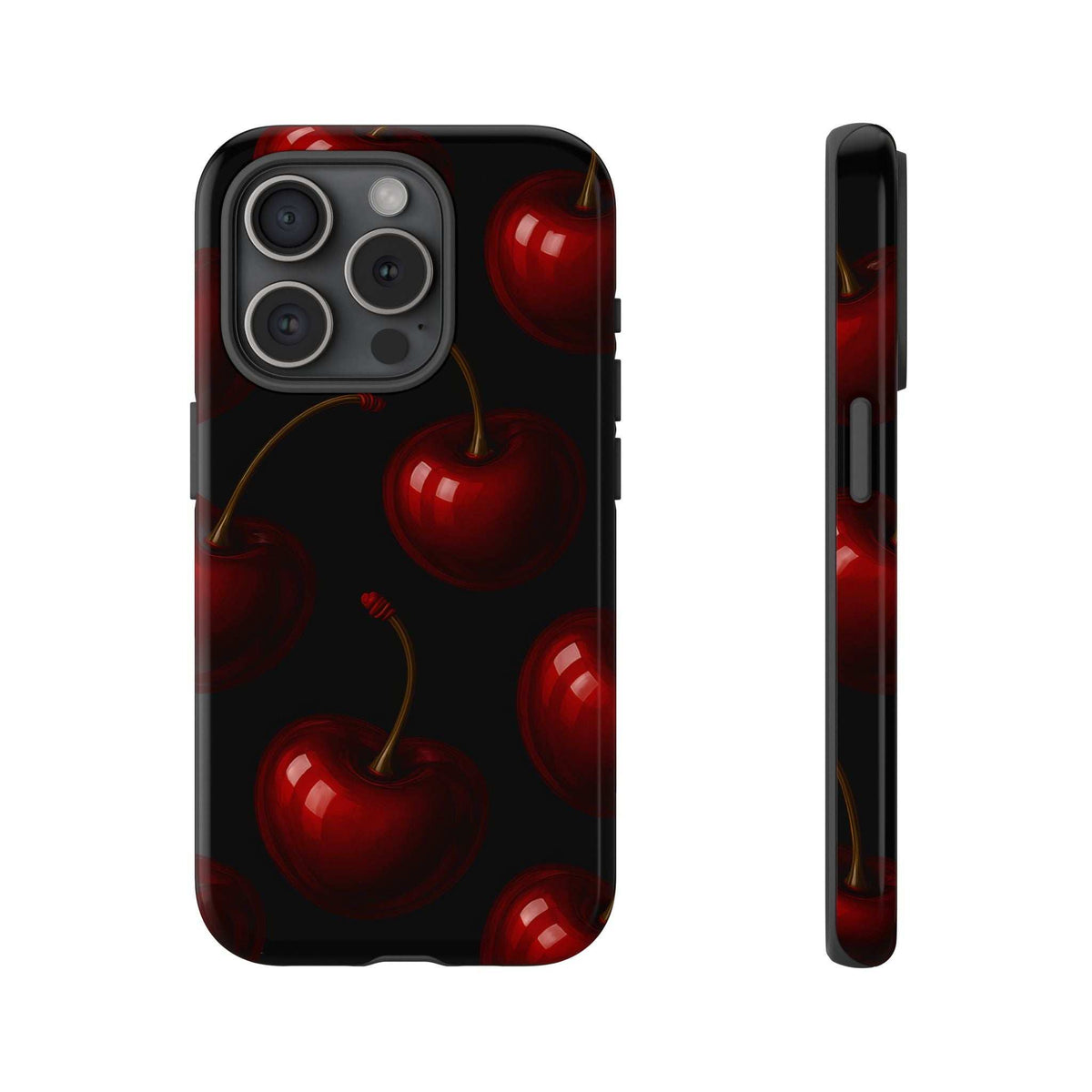 Cherry phone case with glossy finish, black back with red cherries, large camera module cutout.