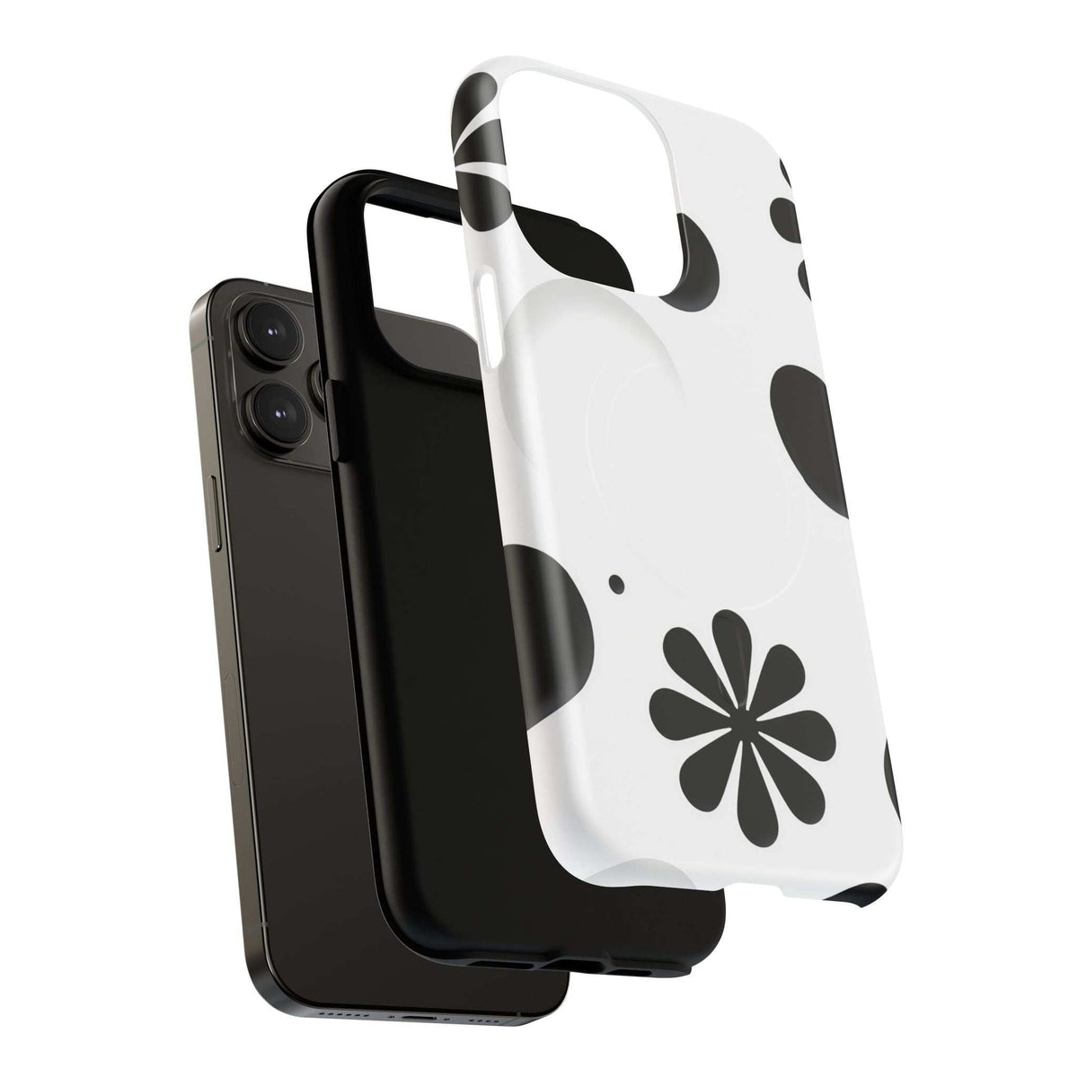 Magnetic phone case, white with black floral design and raised edges around the screen opening.