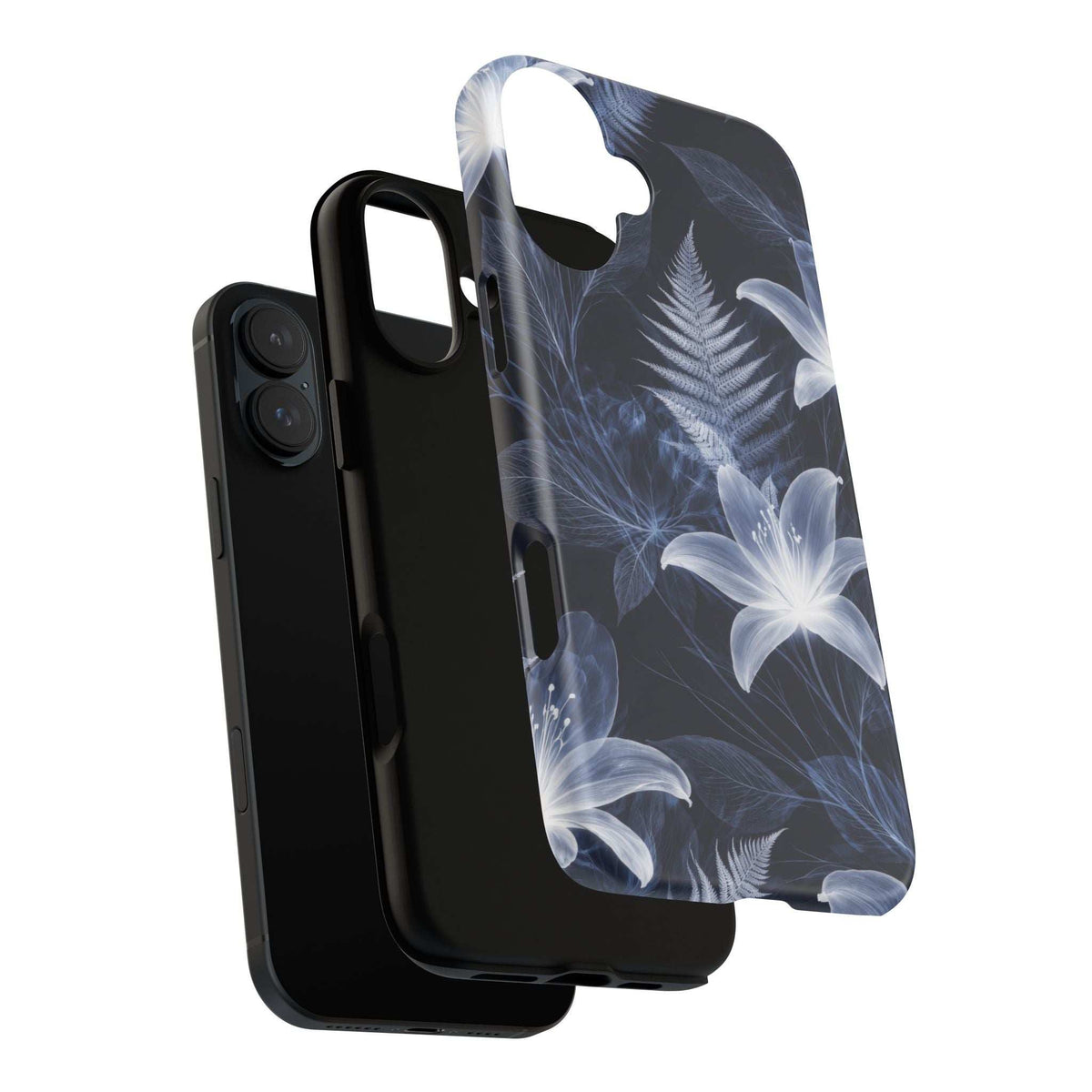 Dark blue flower phone case with white blossoms and leaf shapes, slim cover with camera cutout