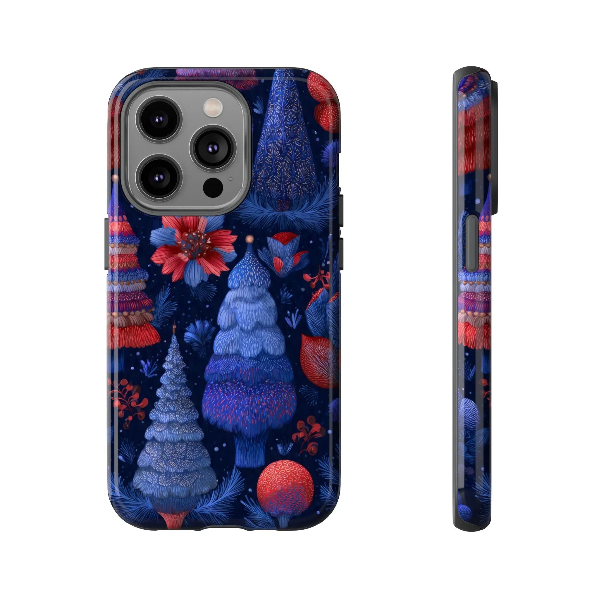 Midnight Blue Christmas Forest Phone Case for iPhone 8-17 and Galaxy S21–S25 - KARARMDESIGN
