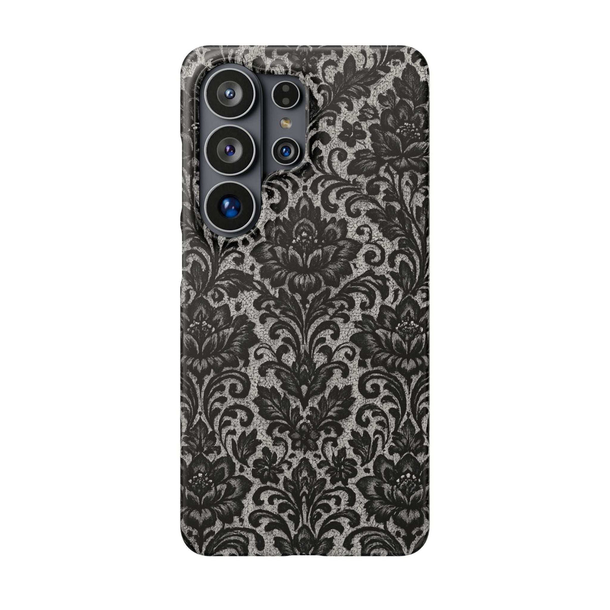 Black damask floral phone case with camera cutouts, front view