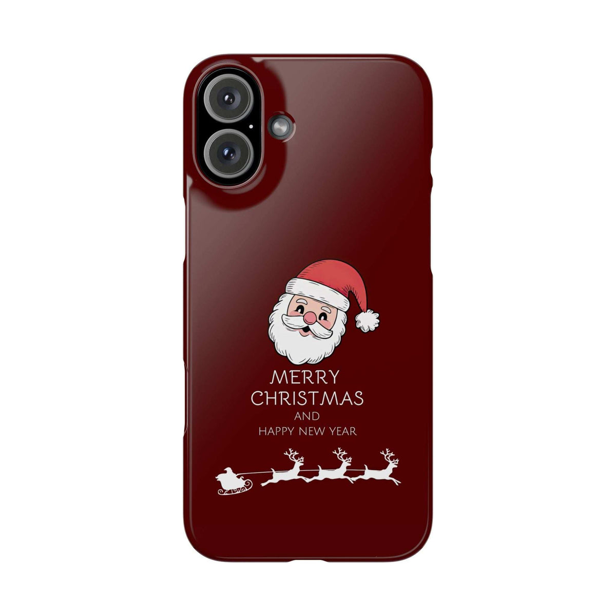 Glossy red phone case with Santa graphic, “MERRY CHRISTMAS AND HAPPY NEW YEAR” and camera cutout.