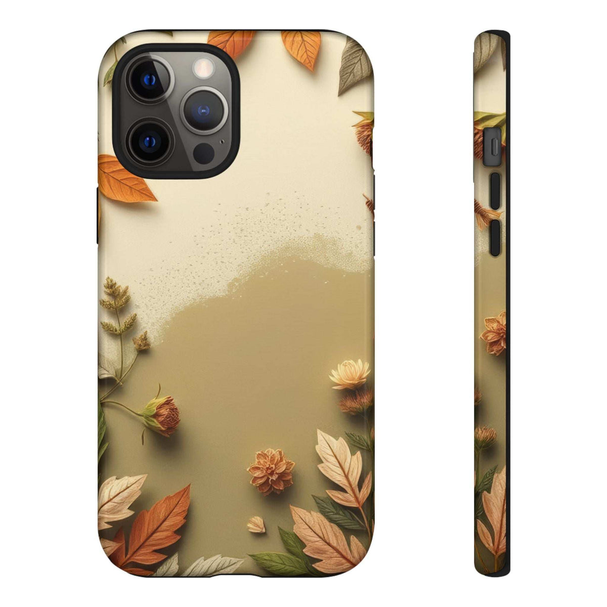 Autumn leaf phone case front view with multi-camera cutout, beige leaf pattern and border