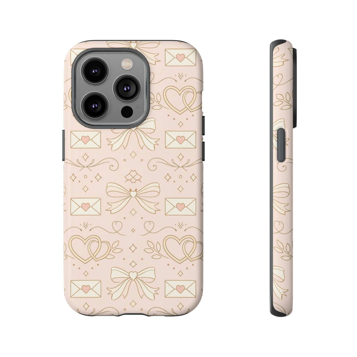 Pastel heart-and-letter tough phone case, front and side profile with multi-camera cutout