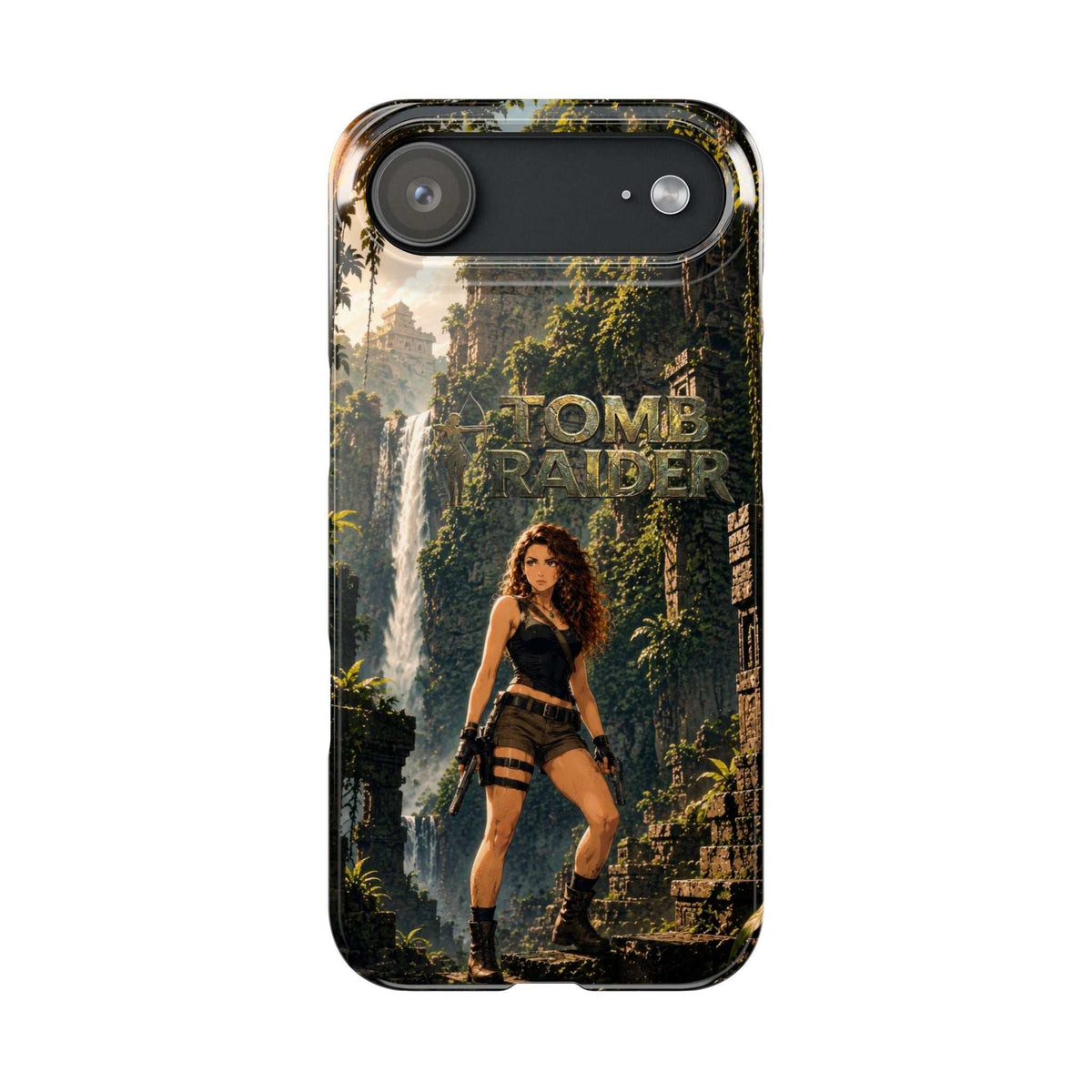 Phone case for iPhone 11–17 featuring jungle waterfall artwork and camera openings