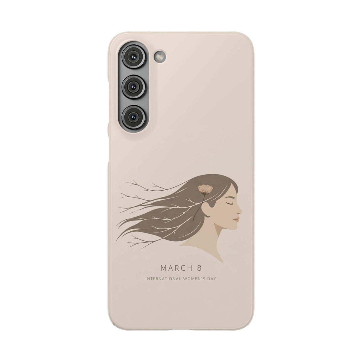 Beige phone case with woman profile artwork, March 8 text, and three circular camera openings