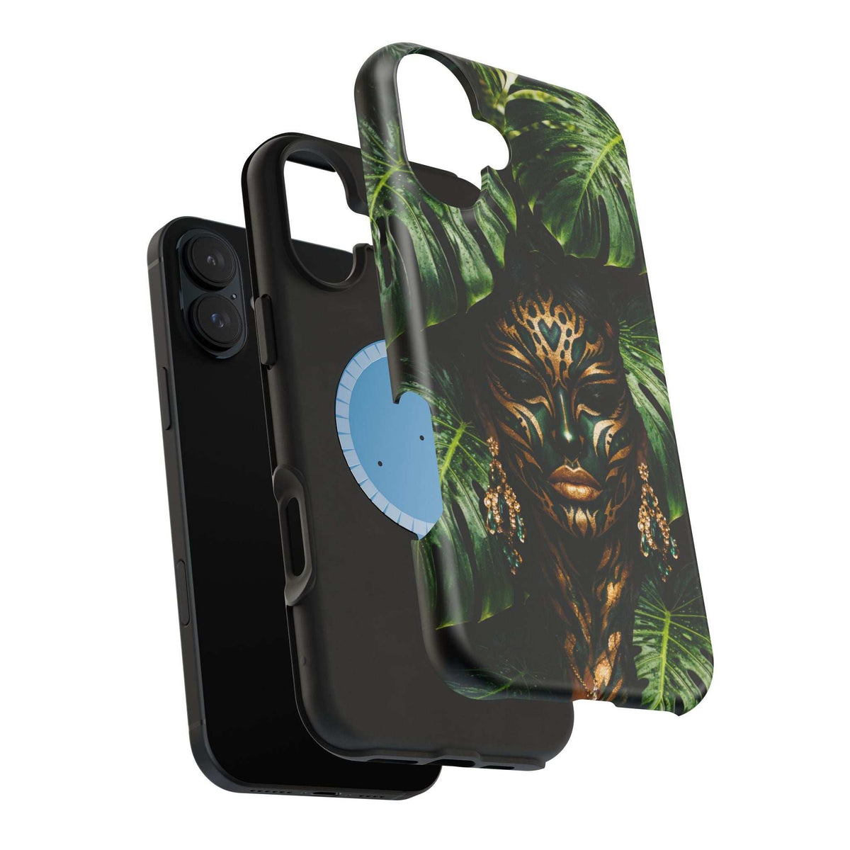 Phone case view with jungle lion face artwork, green foliage print and camera opening