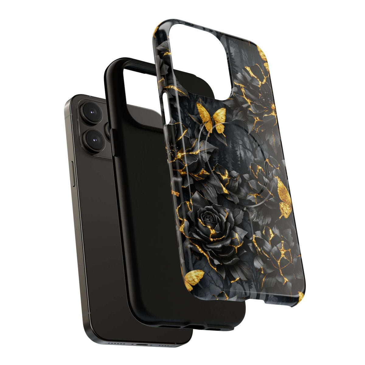 Black iPhone phone case with gold crackle floral roses, butterflies, and side buttons.