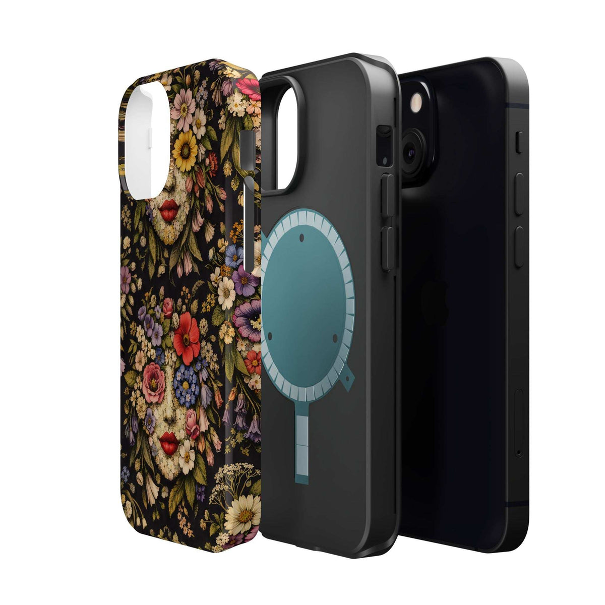 iPhone phone case with vintage floral face artwork, dark background, camera cutout