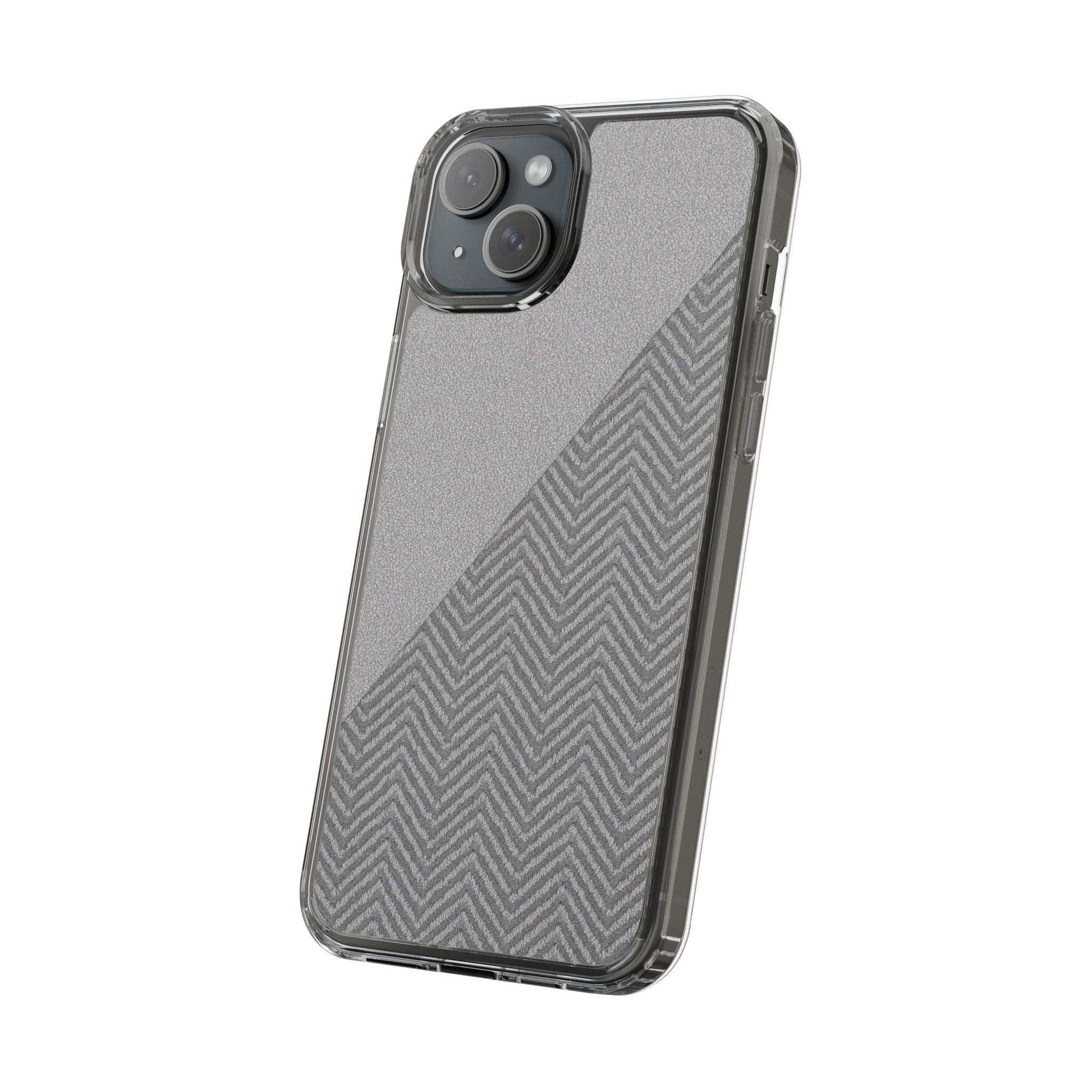 Dark herringbone tough phone case, textured back with diagonal chevron pattern