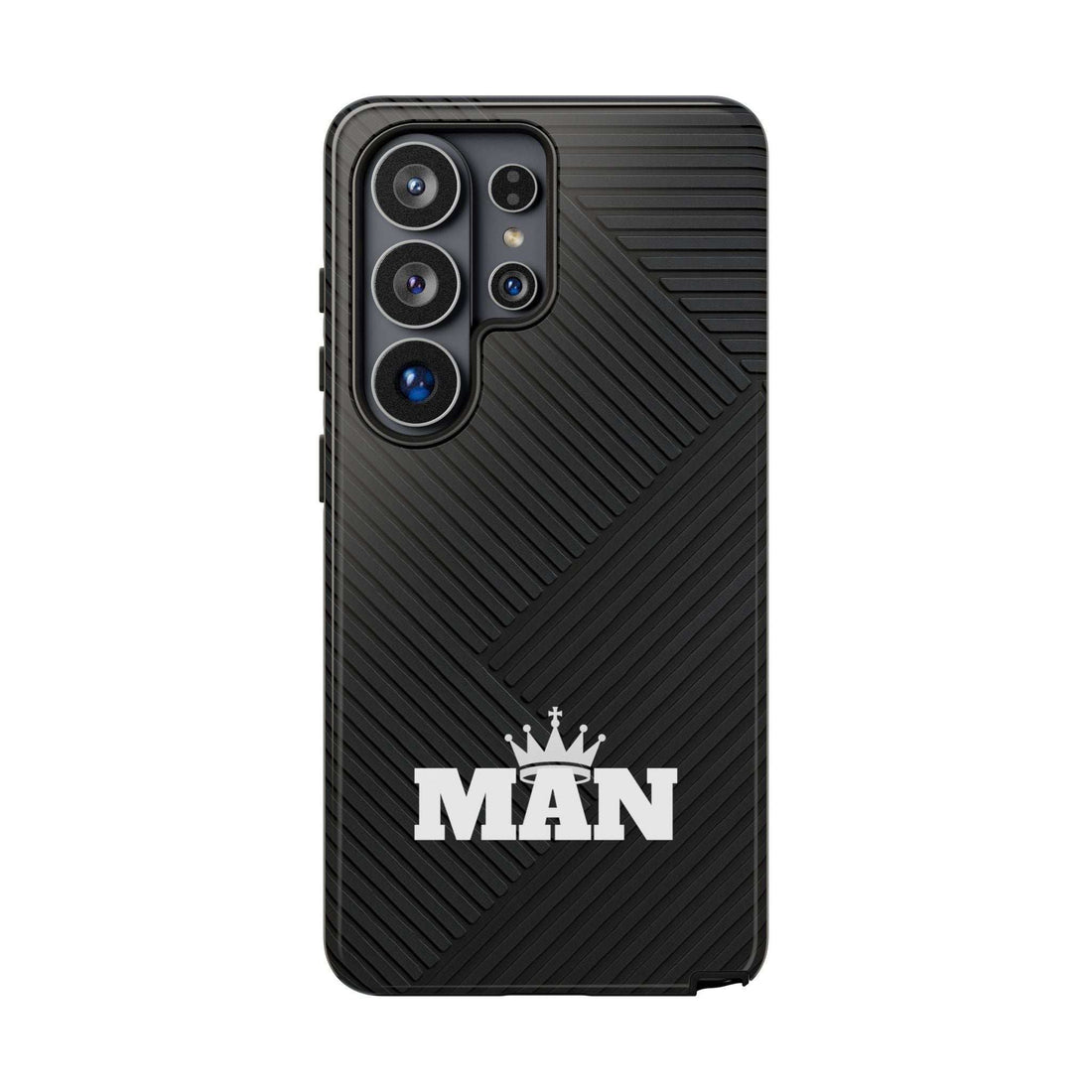 Black MAN logo phone case with textured diagonal ridges and camera cutouts