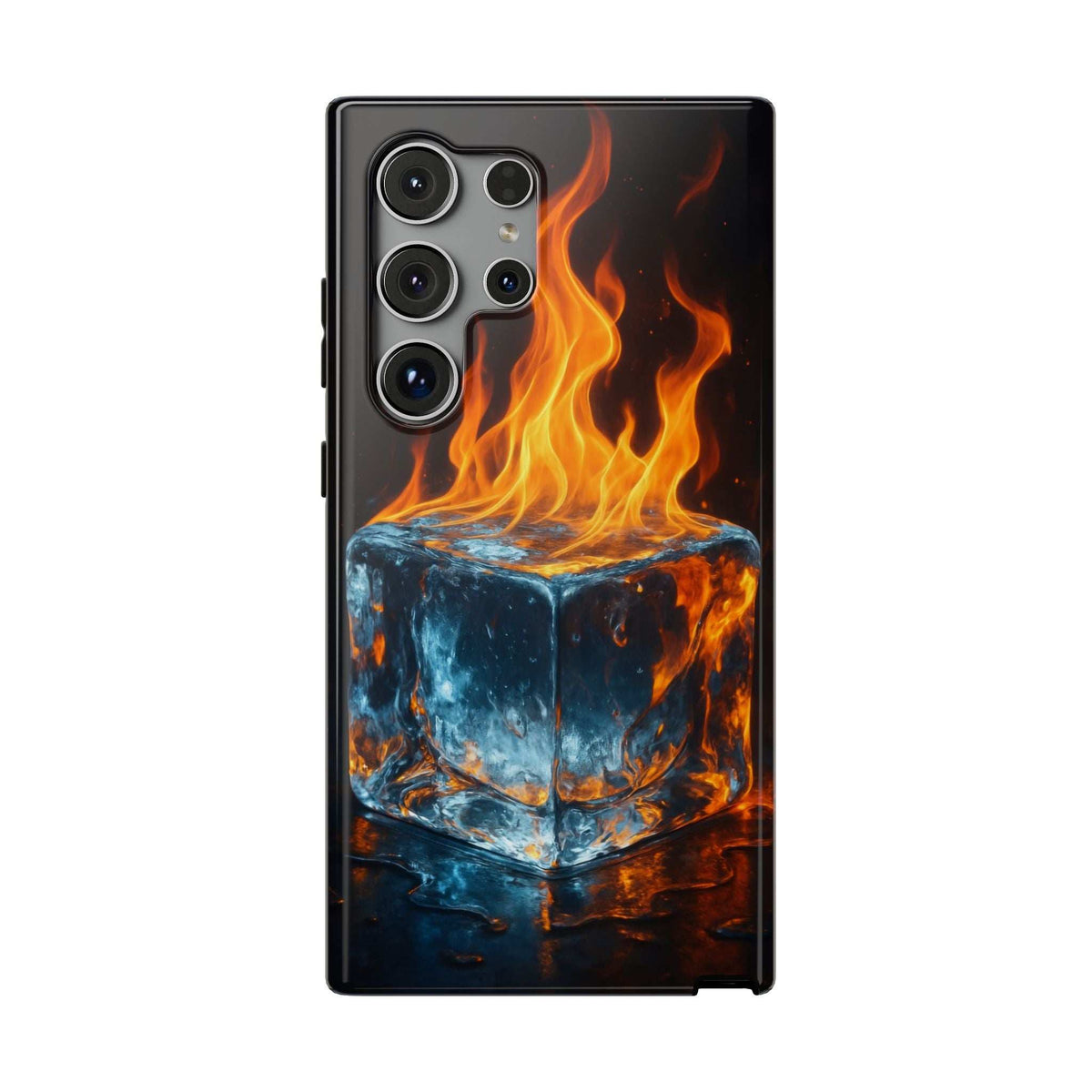 Black glossy phone case with flame-and-ice cube graphic and corner camera cluster