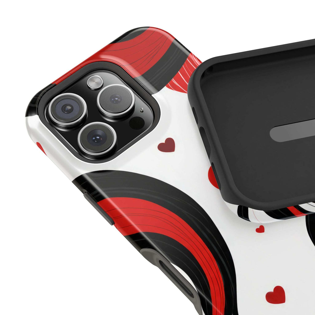Phone case angled view with camera cutout and red heart wave design with dark trim.