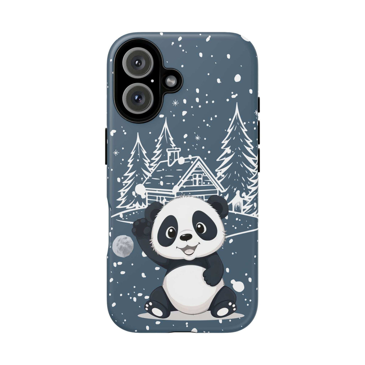 Dark blue iPhone phone case featuring a smiling panda in snowy woods with pine trees
