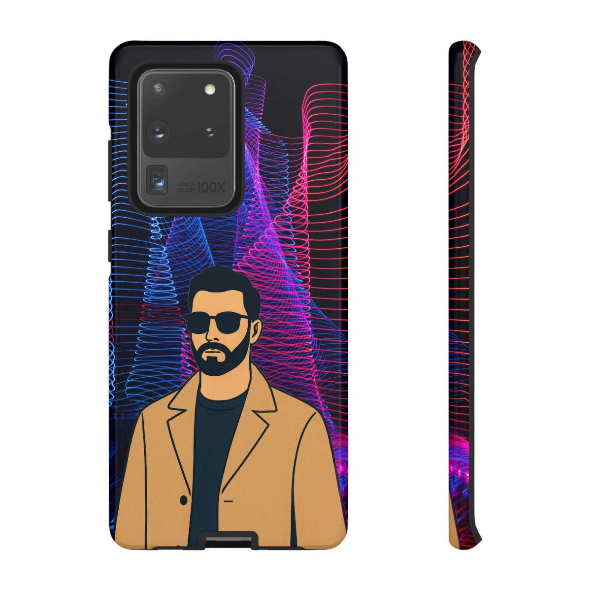 Glossy phone case showing bearded man portrait with neon blue and pink wavy lines
